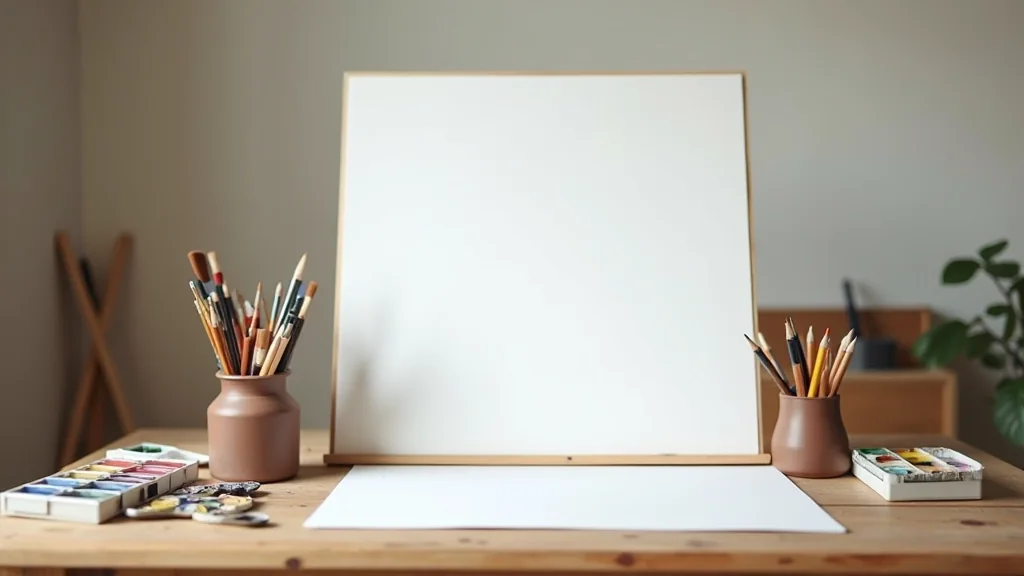 Mesa de taller creativo con materiales de pintura y trabajo en curso