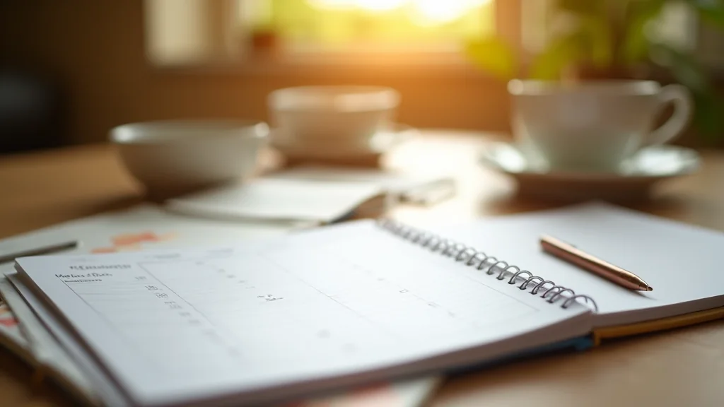Agenda y cuaderno abiertos sobre una mesa con una taza al lado