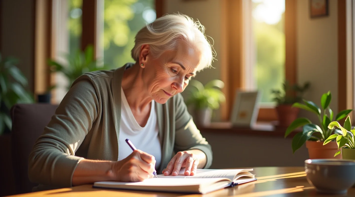 Persona adulta escribiendo en un cuaderno junto a una ventana con luz natural