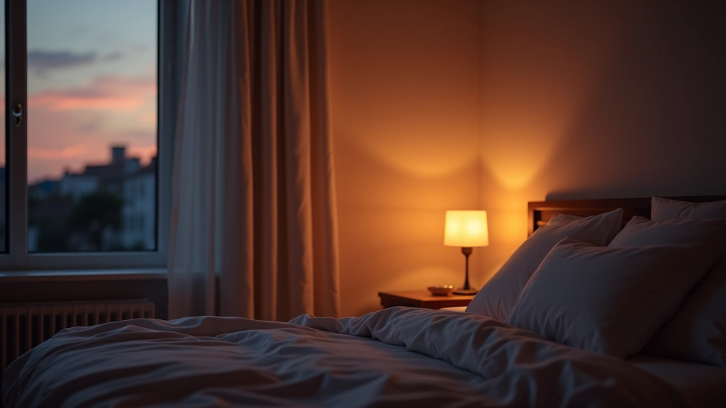 Quarto ao anoitecer com iluminação ambiente suave em tons quentes criando atmosfera relaxante