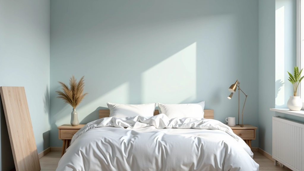 Quarto com paleta azul suave, cama branca, móvel em tons naturais, decoração minimalista