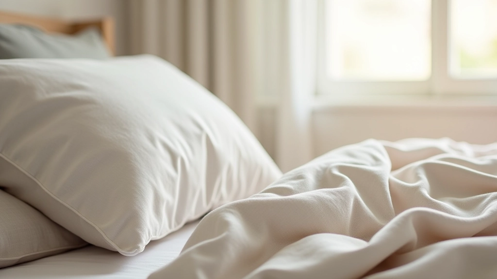Detalhe de camada de têxteis numa cama com lençol de linho, almofadas e manta em tons neutros