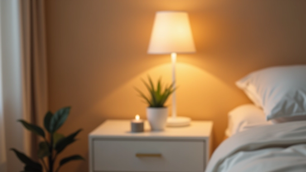 Detalhe de criado com abajur suave, planta de pequeno porte e vela aromática numa configuração minimalista