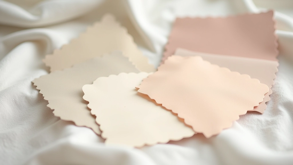 Paleta de cores neutras com amostras de tons pastel e beges numa superfície de linho