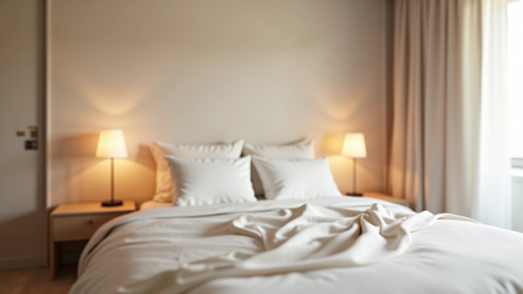 Quarto moderno com paleta de cores neutras e iluminação suave, cama confortável com roupa de cama de qualidade