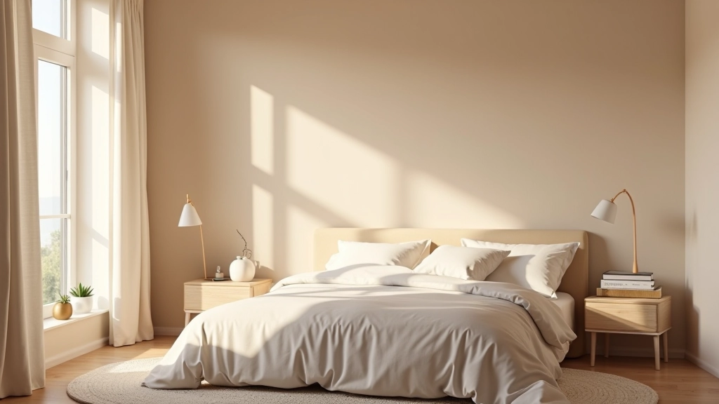 Quarto sereno com iluminação suave, cores calmantes e têxteis confortáveis criando ambiente relaxante