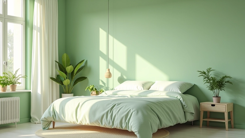 Quarto sereno com tons calmantes e iluminação natural suave