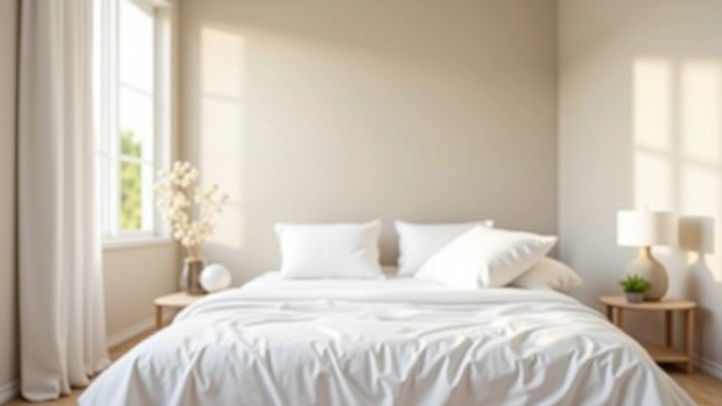 Quarto com tons neutros em bege e cinzento, cama com roupa branca, janela com luz natural suave