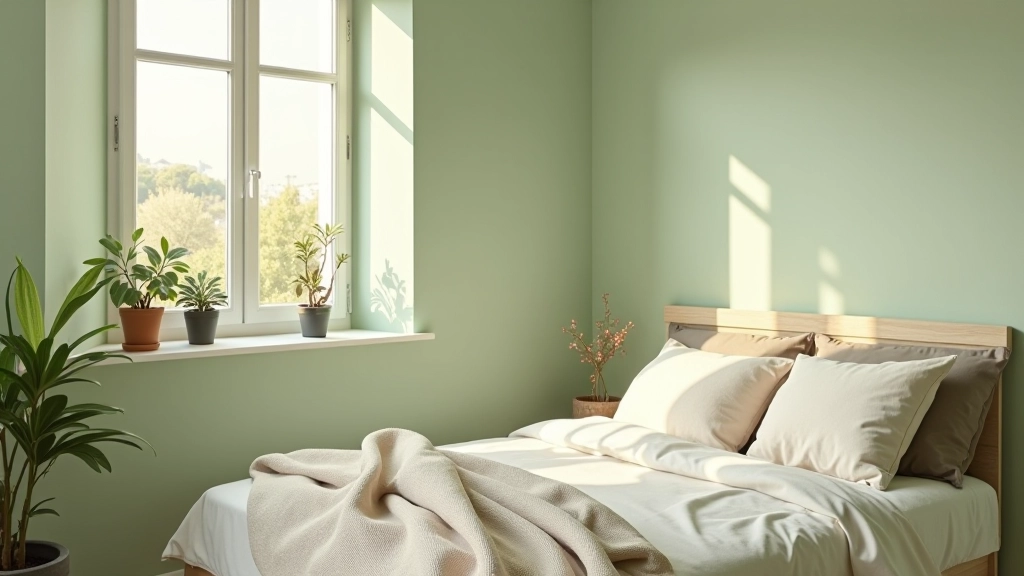 Quarto com paredes verde suave, lençóis em tons naturais, plantas decorativas, luz da tarde quente